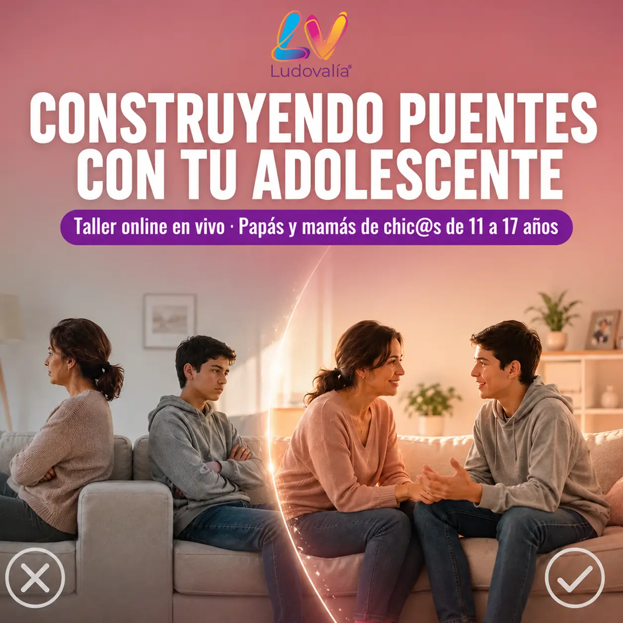 Antes y después de una mamá con su hijo adolescente: primero sentados en el mismo sillón dándose la espalda con brazos cruzados, después frente a frente conversando con confianza.